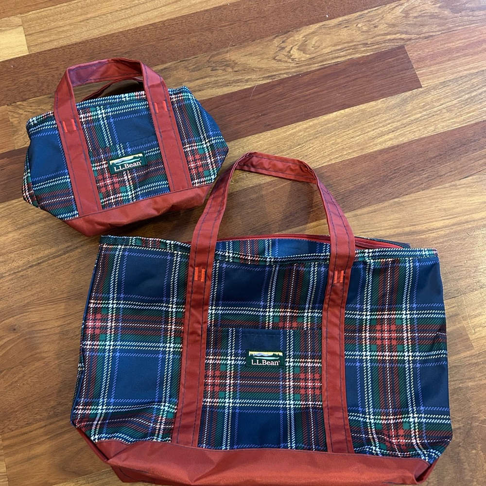 LL Bean Plaid Tote Bag Set | Zip Top | Red Green Tartan
